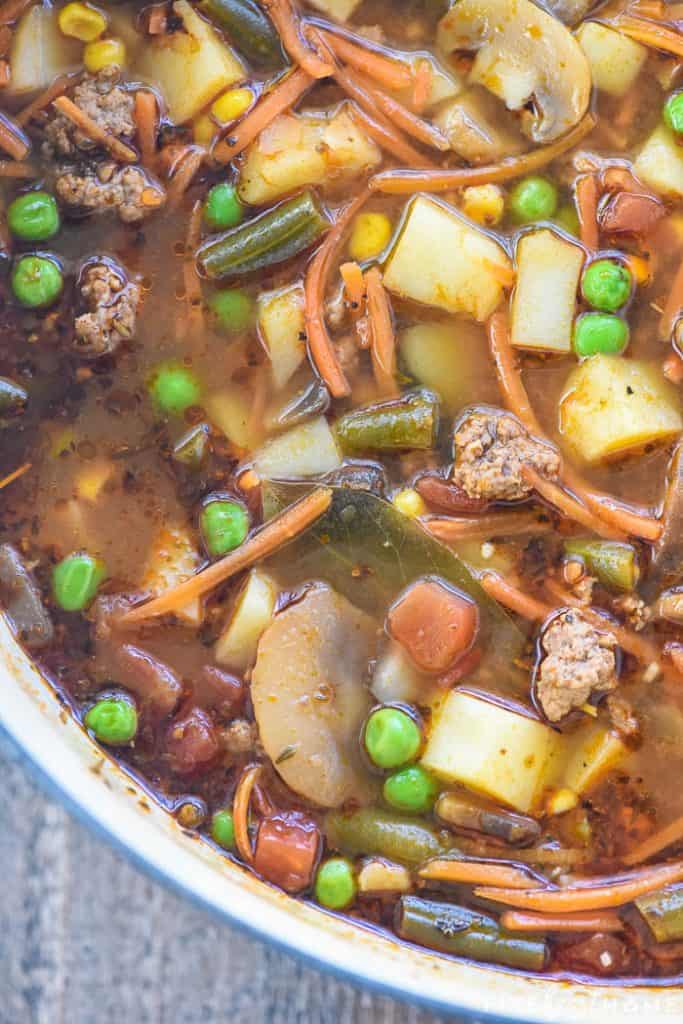 Close-up of vegetables in Easy Hamburger Soup.