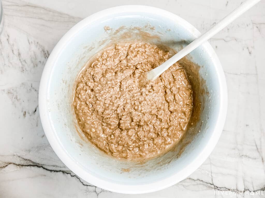 Aerial view of bowl of oatmeal muffin batter.