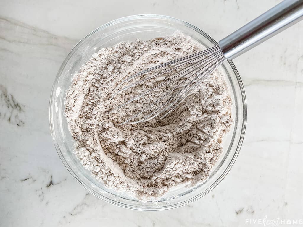 Aerial view of bowl with dry ingredients whisked together.