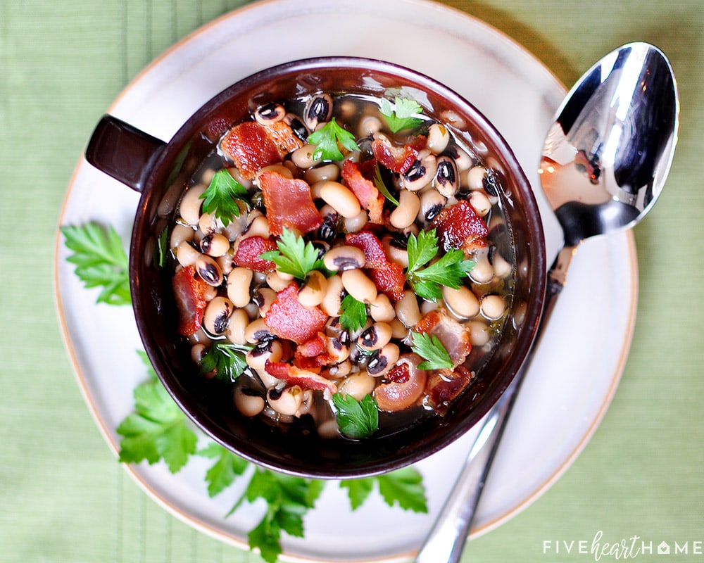 Aerial view of Black Eyed Peas New Years recipe with bacon on top.