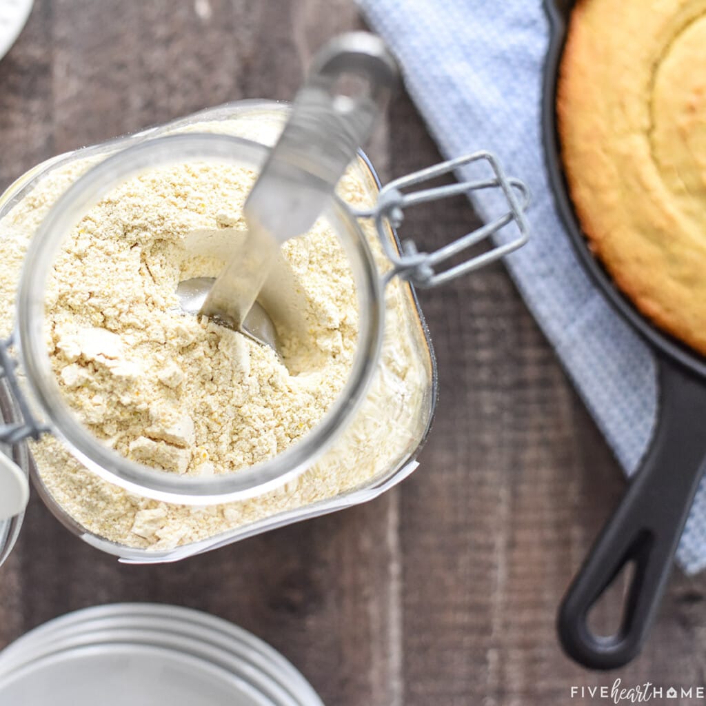 Aerial view of Cornbread Mix in glass jar.