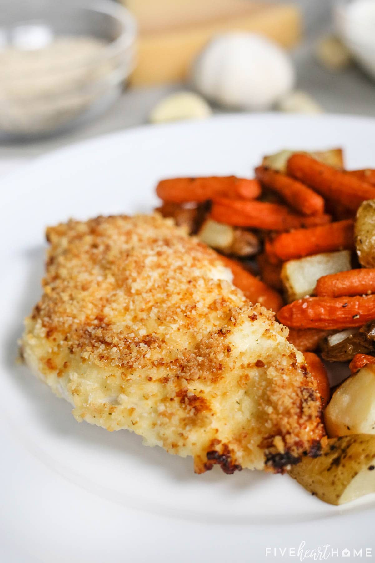 Panko Breaded Chicken on white plate.