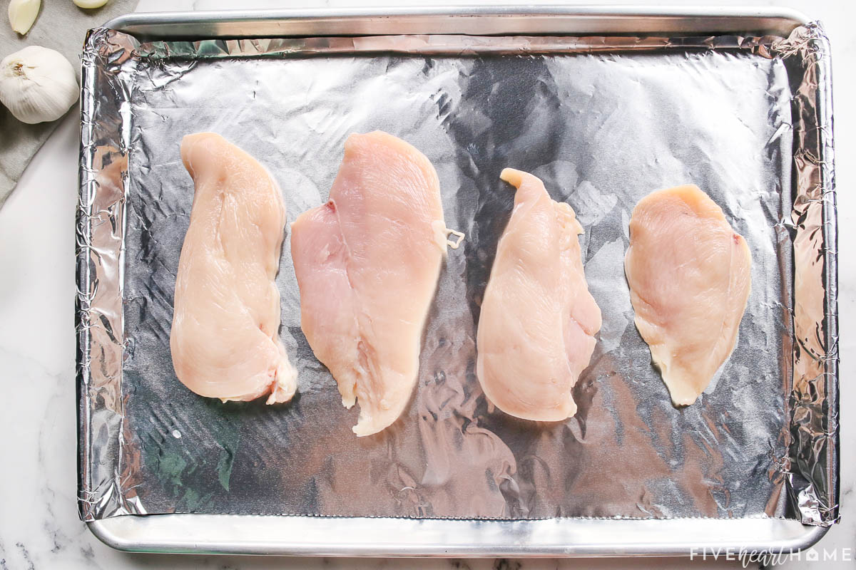 Panko chicken breasts ready to prep on pan.