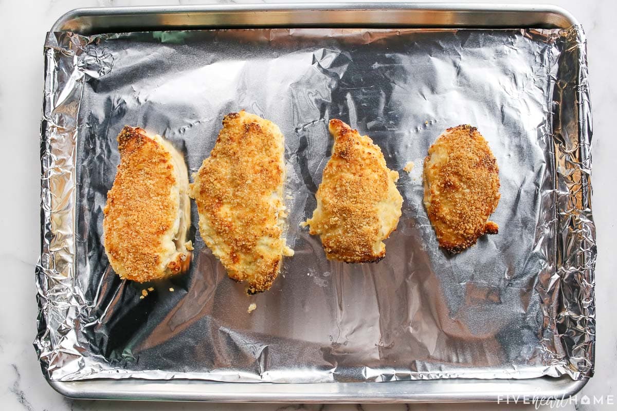 Panko crusted chicken on sheet pan freshly baked.