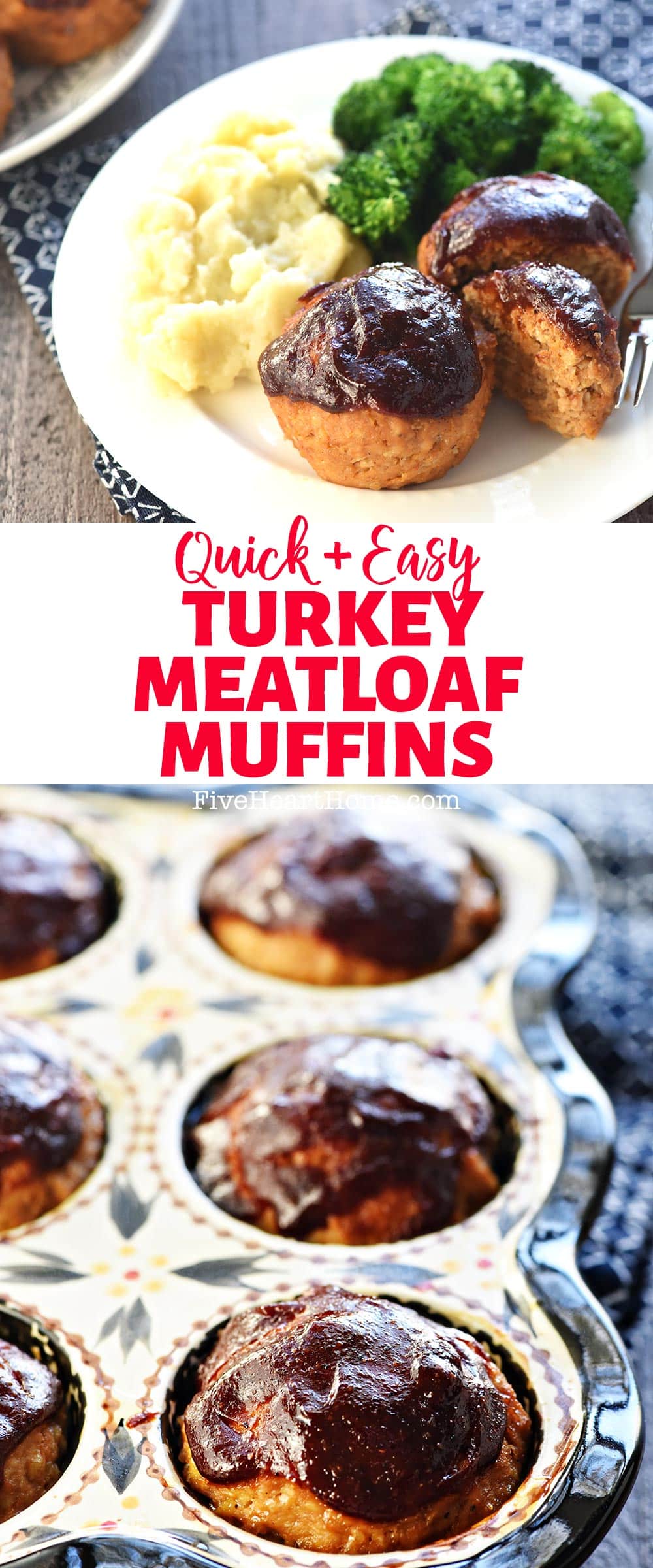 Turkey Meatloaf Muffins ~ mini turkey meatloaf is juicy, flavorful, quick to make, and egg-free & gluten-free, with a tender texture and a yummy barbecue sauce glaze! | FiveHeartHome.com via @fivehearthome