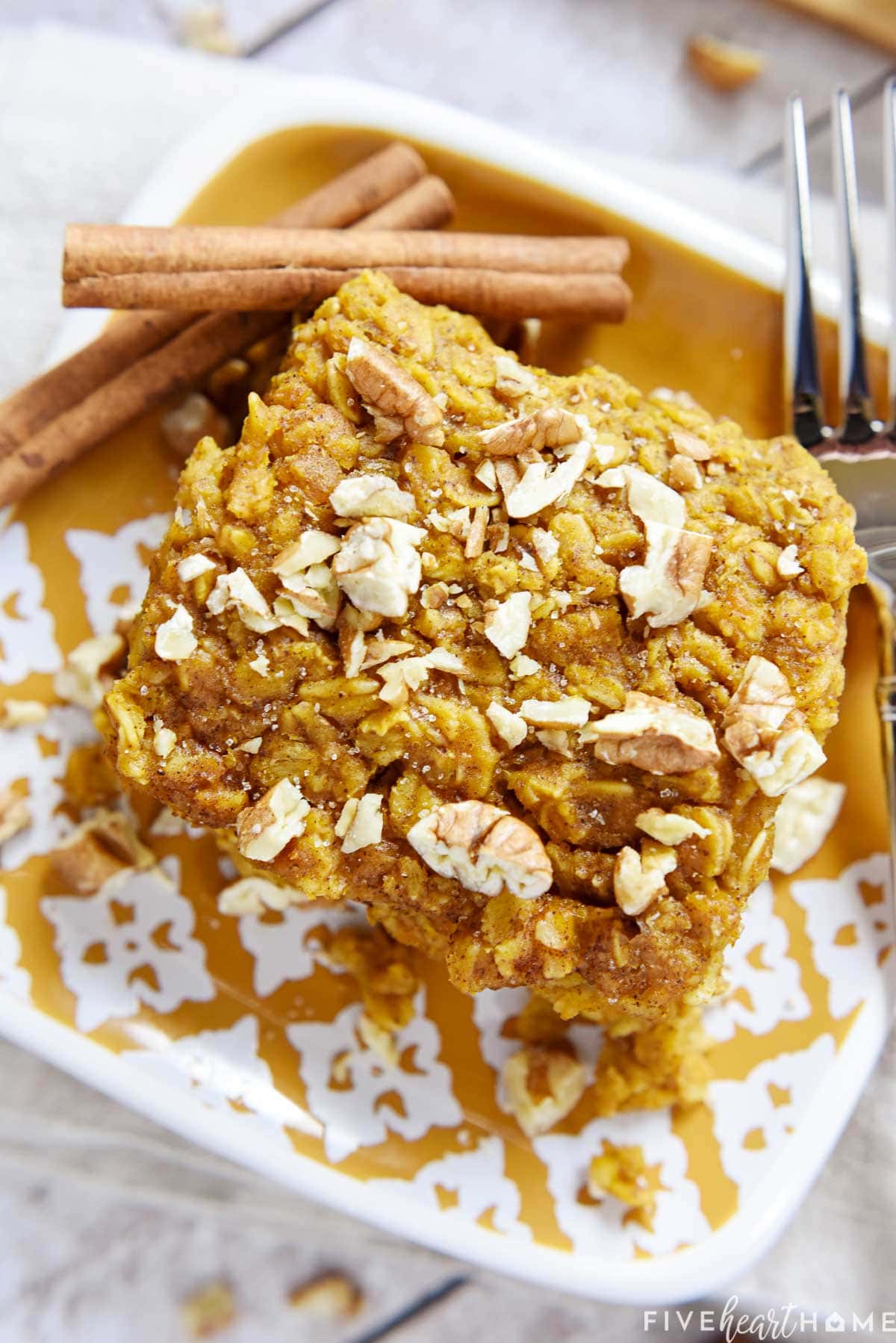 Aerial slice of Pumpkin Baked Oatmeal on plate.