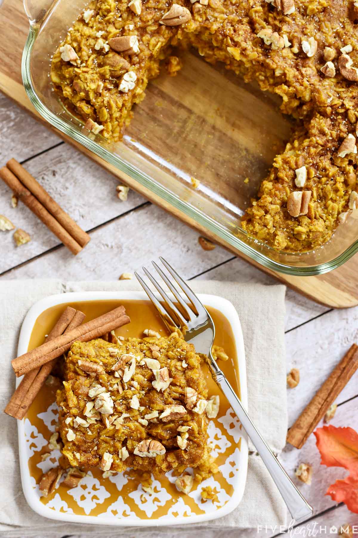 Aerial view of Baked Pumpkin Oatmeal on plate and in dish.