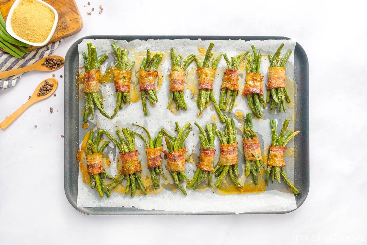 Bacon Green Bean Bundles on pan after roasting.