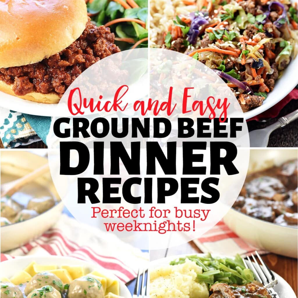 Ground Beef Recipes, four-photo collage of quick and easy ground beef dinner recipes.