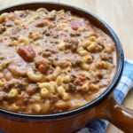 Homemade Hamburger Helper, also known as Cheeseburger Macaroni, in skillet.