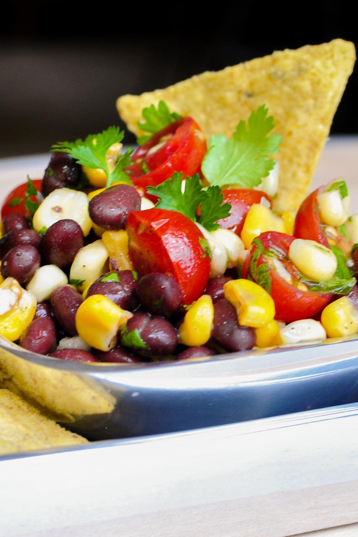 Black Bean and Corn Salsa in silver bowl.