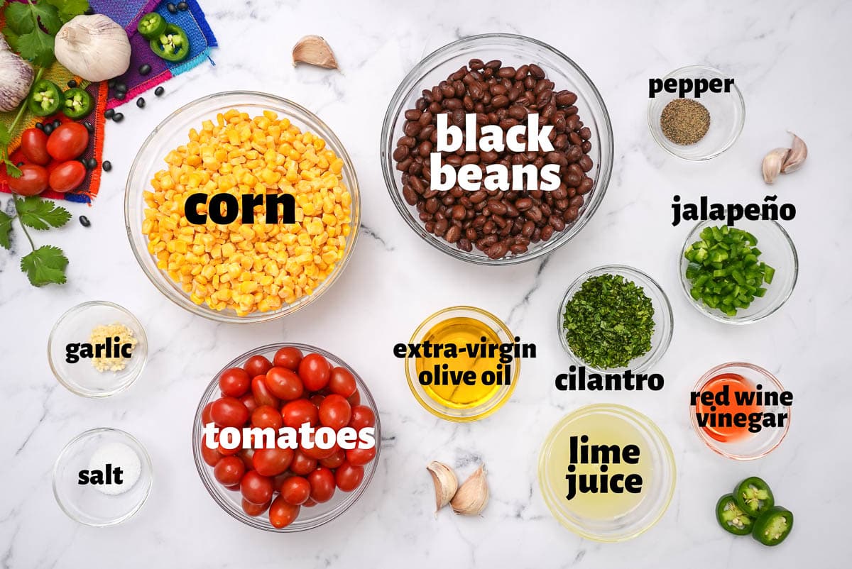 Labeled ingredients to make Black Bean and Corn Salad.