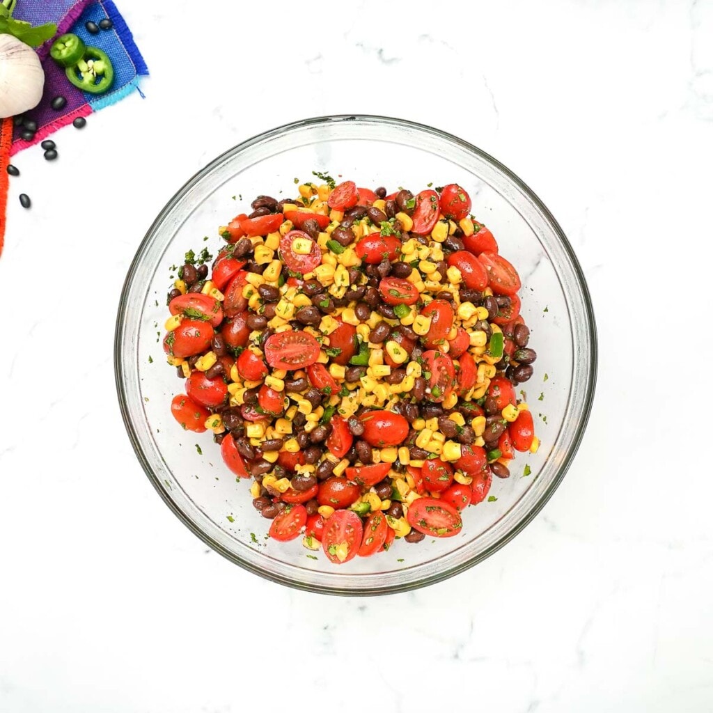 Black Bean and Corn Salad in glass bowl.