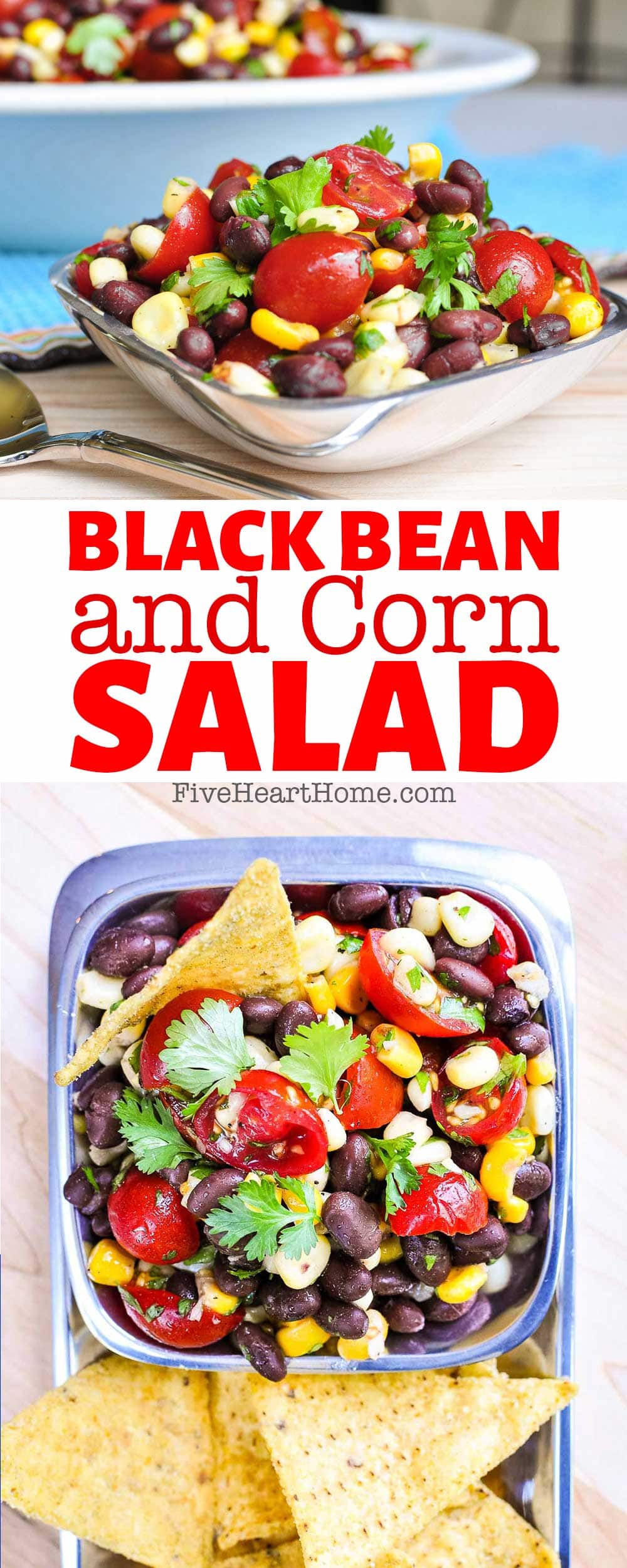 Black Bean and Corn Salad ~ featuring tomatoes, cilantro, jalapeño, and a zippy lime vinaigrette, this easy, zesty, addictive side salad is also delicious as a salsa to dip up with chips! | FiveHeartHome.com via @fivehearthome