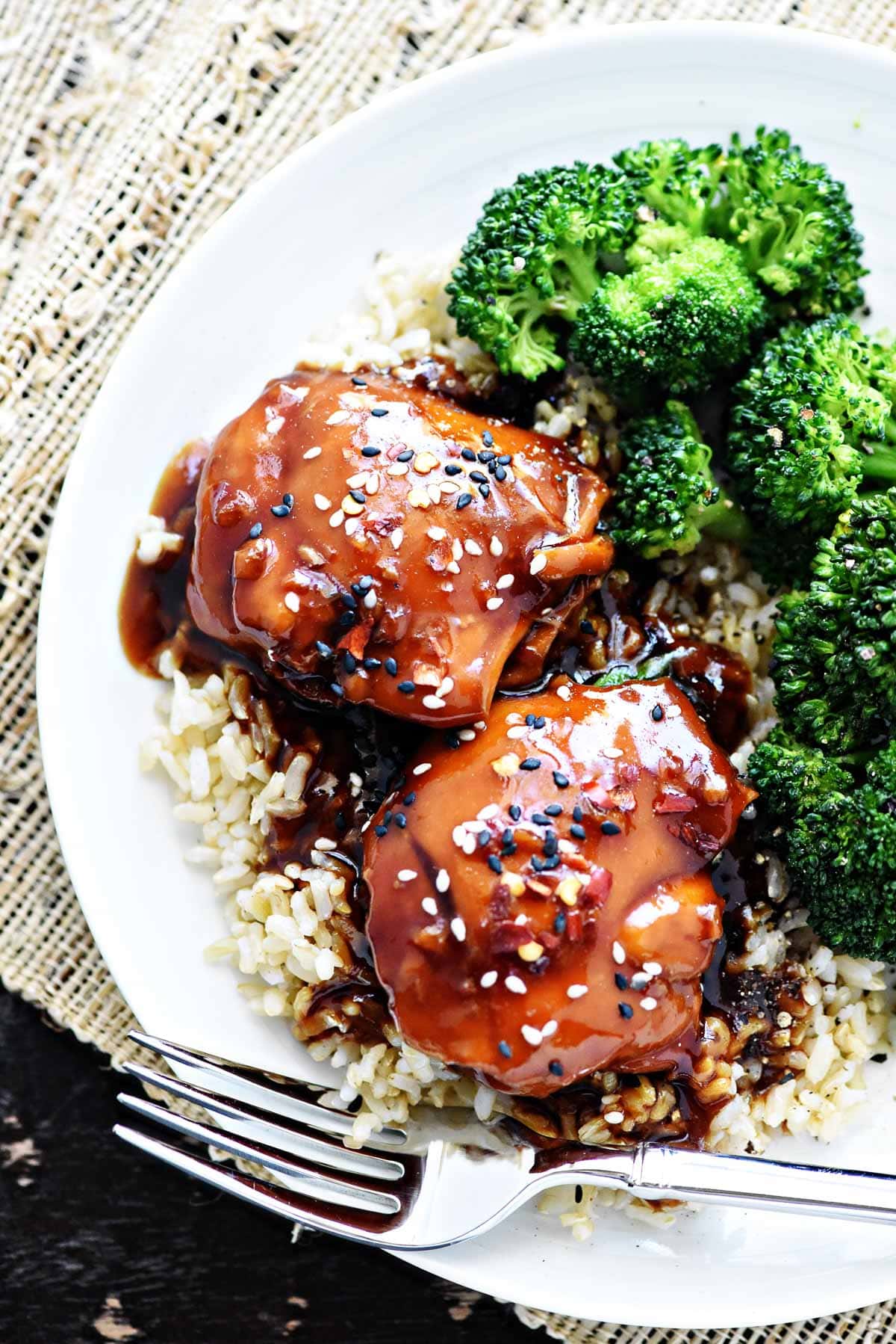 Aerial view of Instant Pot Teriyaki Chicken with broccoli.