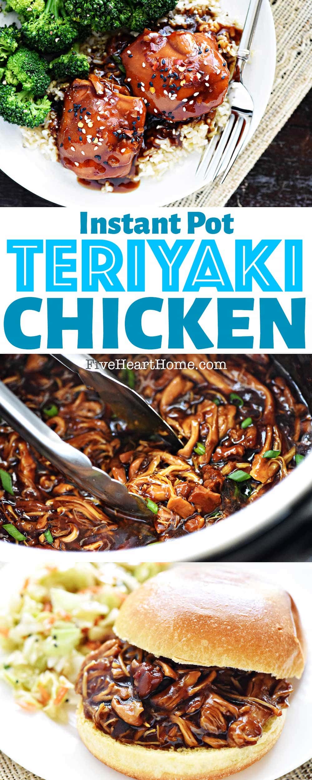 Instant Pot Teriyaki Chicken ~ a quick, easy pressure cooker recipe featuring chicken thighs in a sticky-sweet homemade sauce. Serve this teriyaki chicken recipe over rice or quinoa, or shred it as a sandwich filling! | FiveHeartHome.com via @fivehearthome