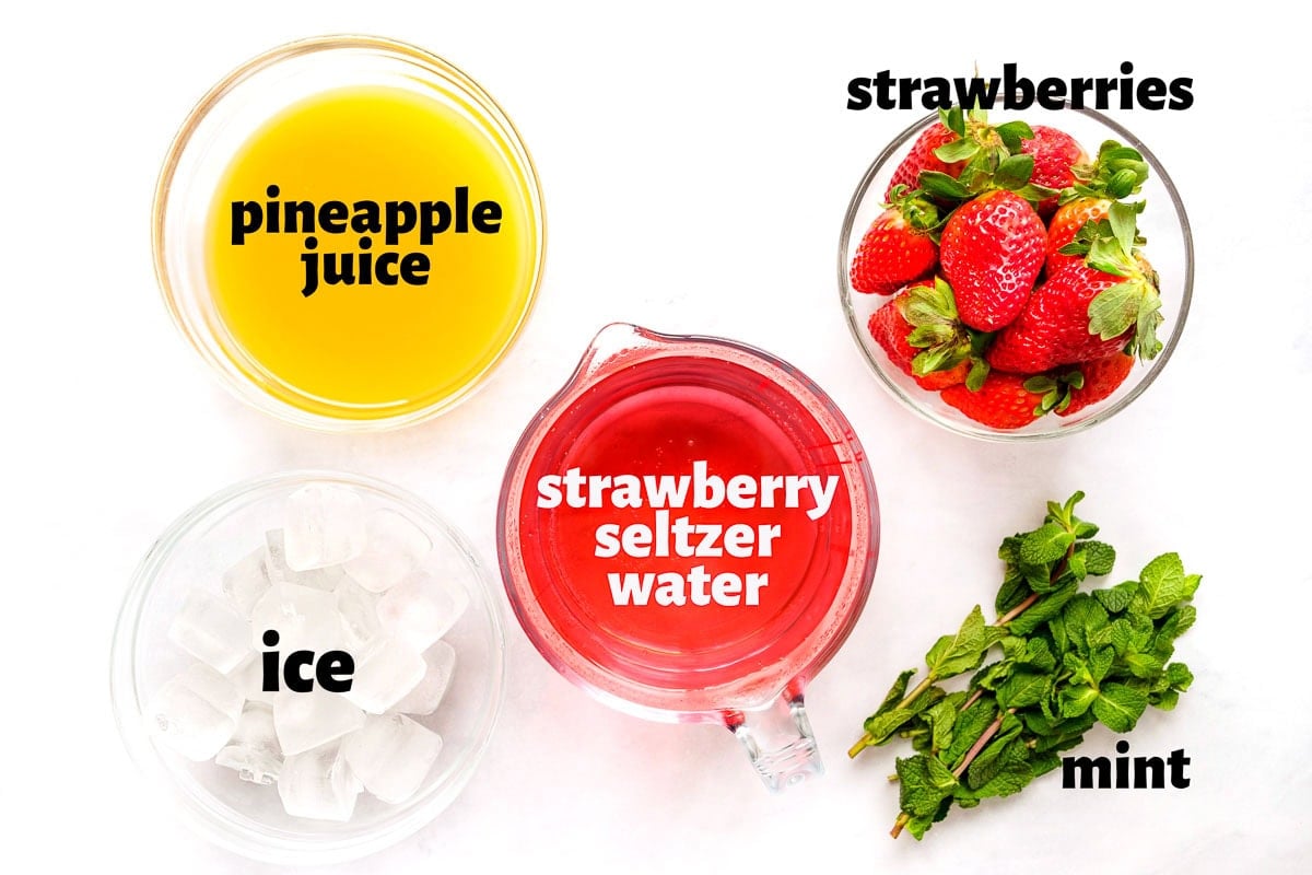 Labeled ingredients to make Strawberry Punch.