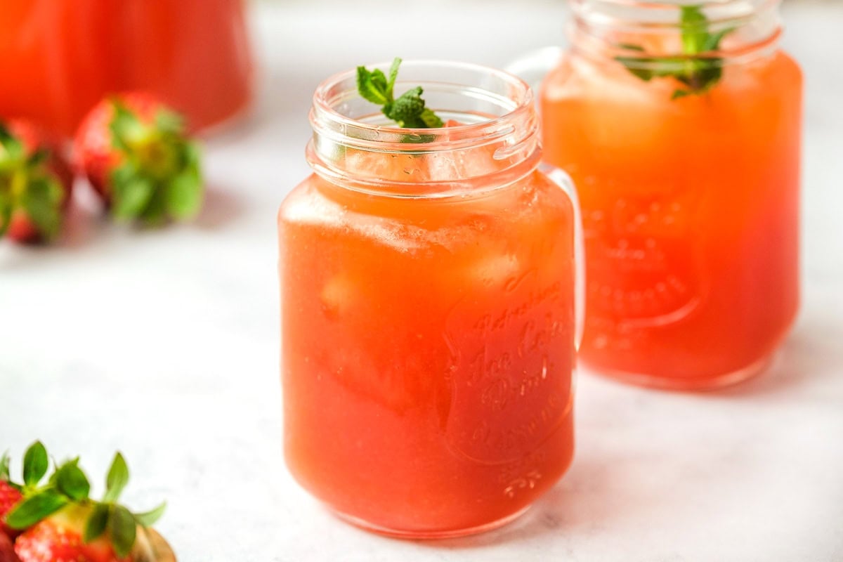 Close-up of glasses of Strawberry Punch.