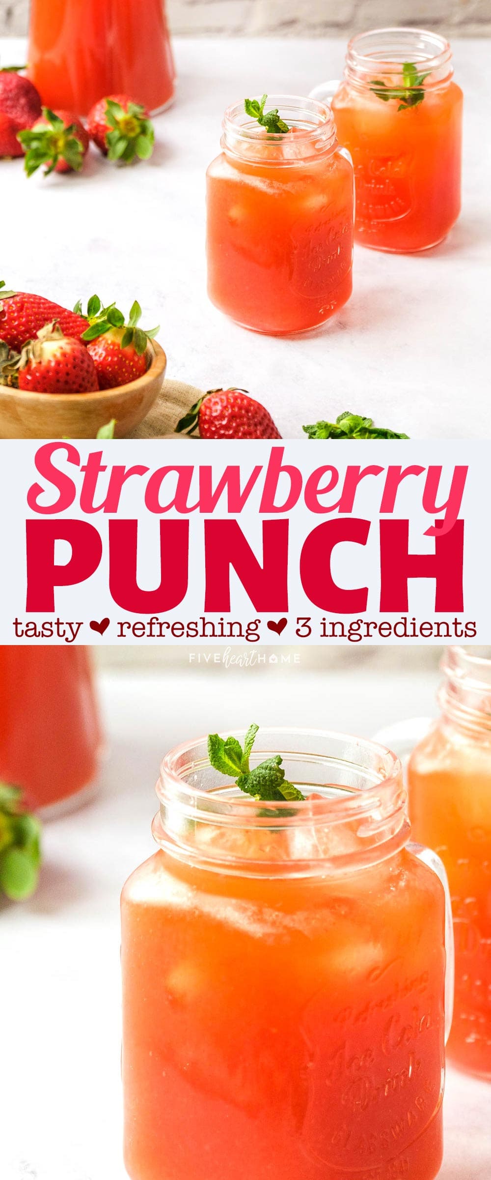 Sparkling Strawberry Punch ~ this simple, refreshing, delicious summer drink combines just THREE simple ingredients, making it the perfect beverage to serve at showers, BBQs, parties, poolside, or any time you need to quench your summertime thirst! | FiveHeartHome.com via @fivehearthome