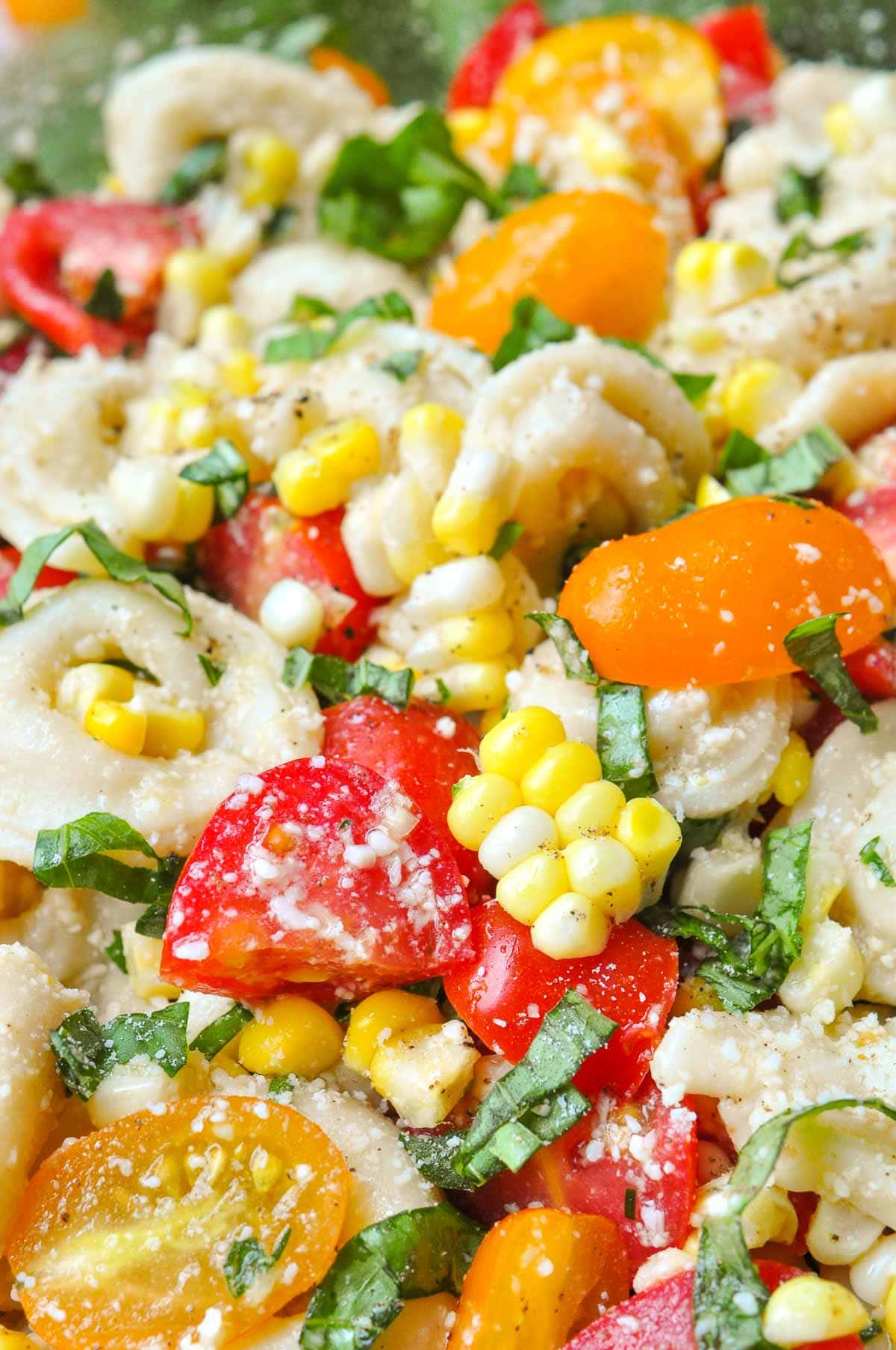 Close-up of Tortellini Pasta Salad ingredients combined with vinaigrette.