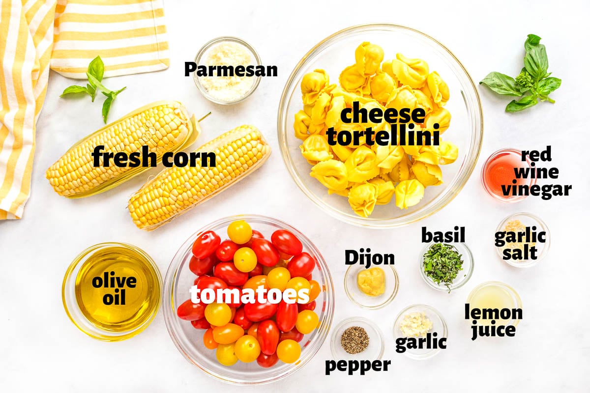 Labeled ingredients to make Tortellini Pasta Salad recipe.
