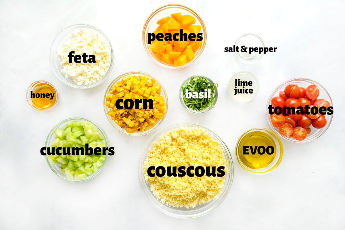Labeled ingredients to make Summer Couscous Salad recipe.