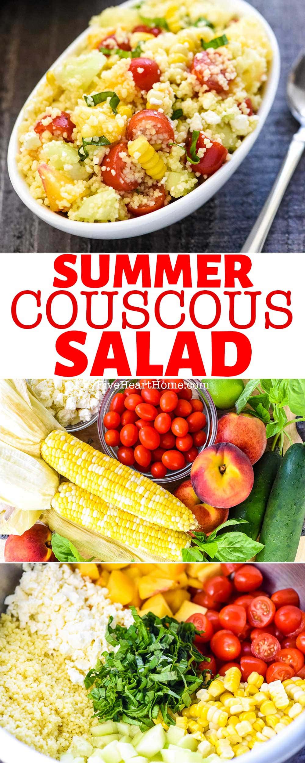 Couscous Salad ~ this flavorful summer side dish features fluffy couscous studded with fresh corn, juicy tomatoes, crisp cucumbers, sweet peaches, chopped basil, and creamy feta in an amazing honey lime dressing! | FiveHeartHome.com via @fivehearthome