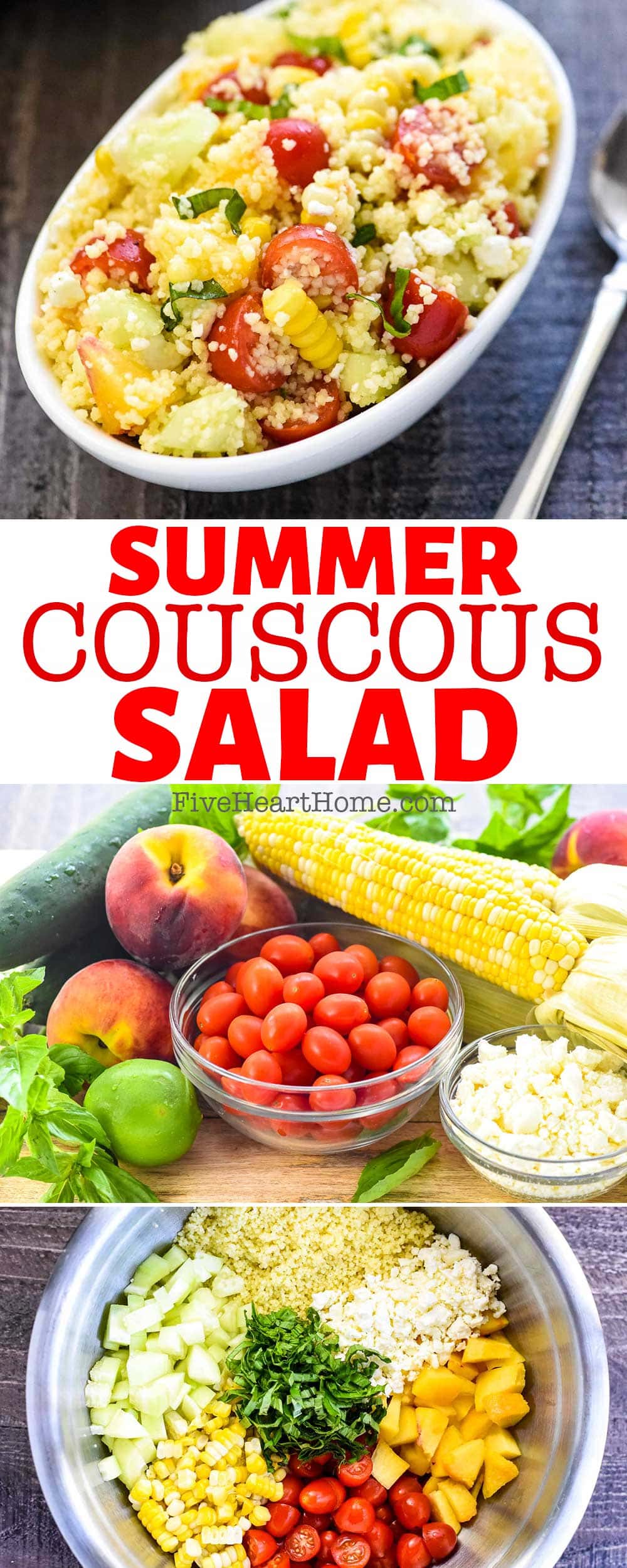 Couscous Salad ~ this flavorful summer side dish features fluffy couscous studded with fresh corn, juicy tomatoes, crisp cucumbers, sweet peaches, chopped basil, and creamy feta in an amazing honey lime dressing! | FiveHeartHome.com via @fivehearthome
