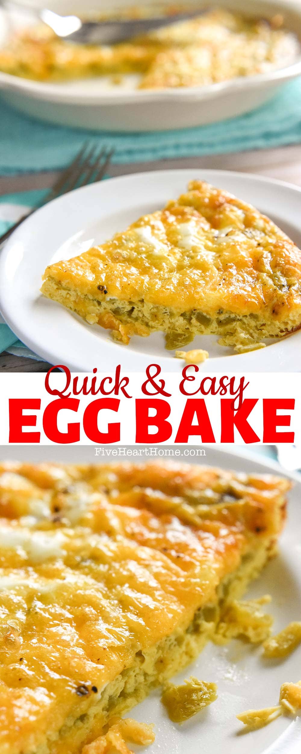 Easy Egg Bake ~ this flavorful, crustless egg bake recipe is loaded with cheddar cheese and (optional) green chiles for a quick, easy breakfast that's perfect for serving to overnight houseguests or hungry family members any morning of the week! | FiveHeartHome.com via @fivehearthome