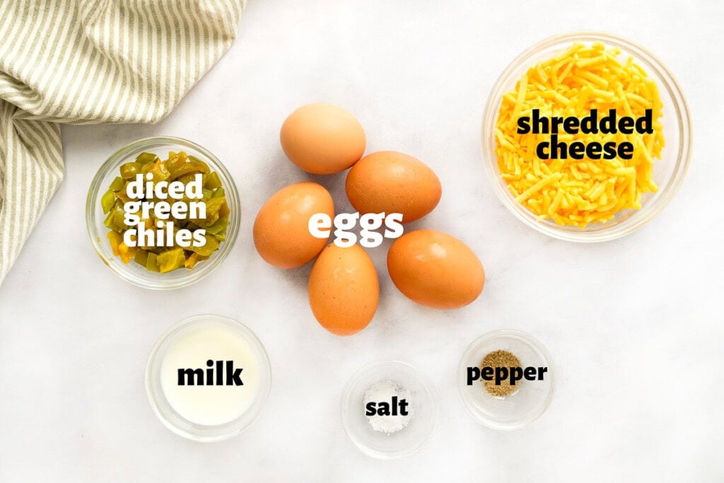 Labeled ingredients to make Easy Egg Bake.