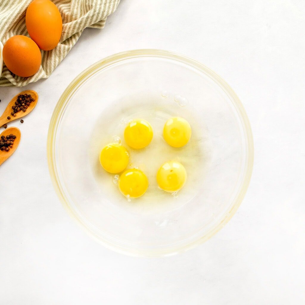 Eggs in glass bowl.