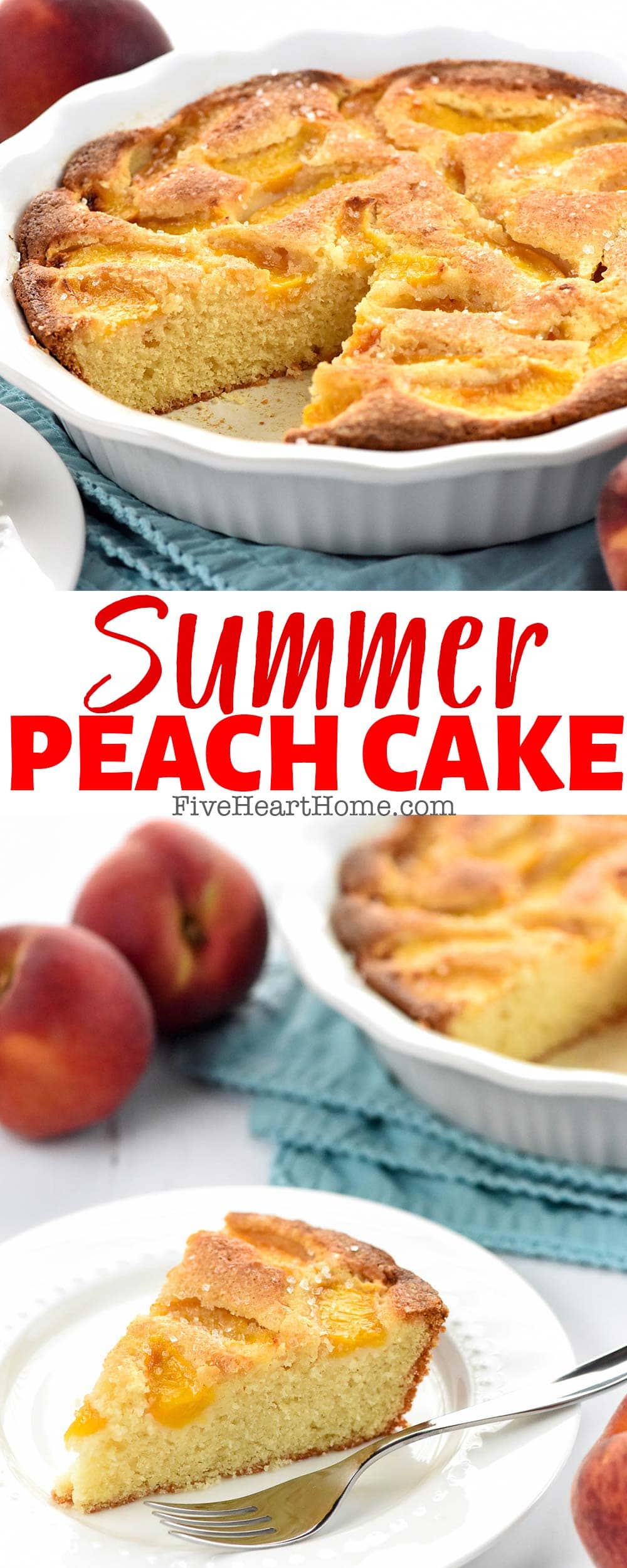 Peach Cake ~ this simple yet delectable peach cake recipe features fresh sliced peaches sunken into a sweet golden cake for the perfect summer dessert! | FiveHeartHome.com via @fivehearthome