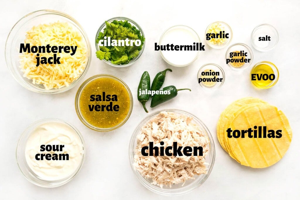 Labeled ingredients to make White Chicken Enchiladas recipe.