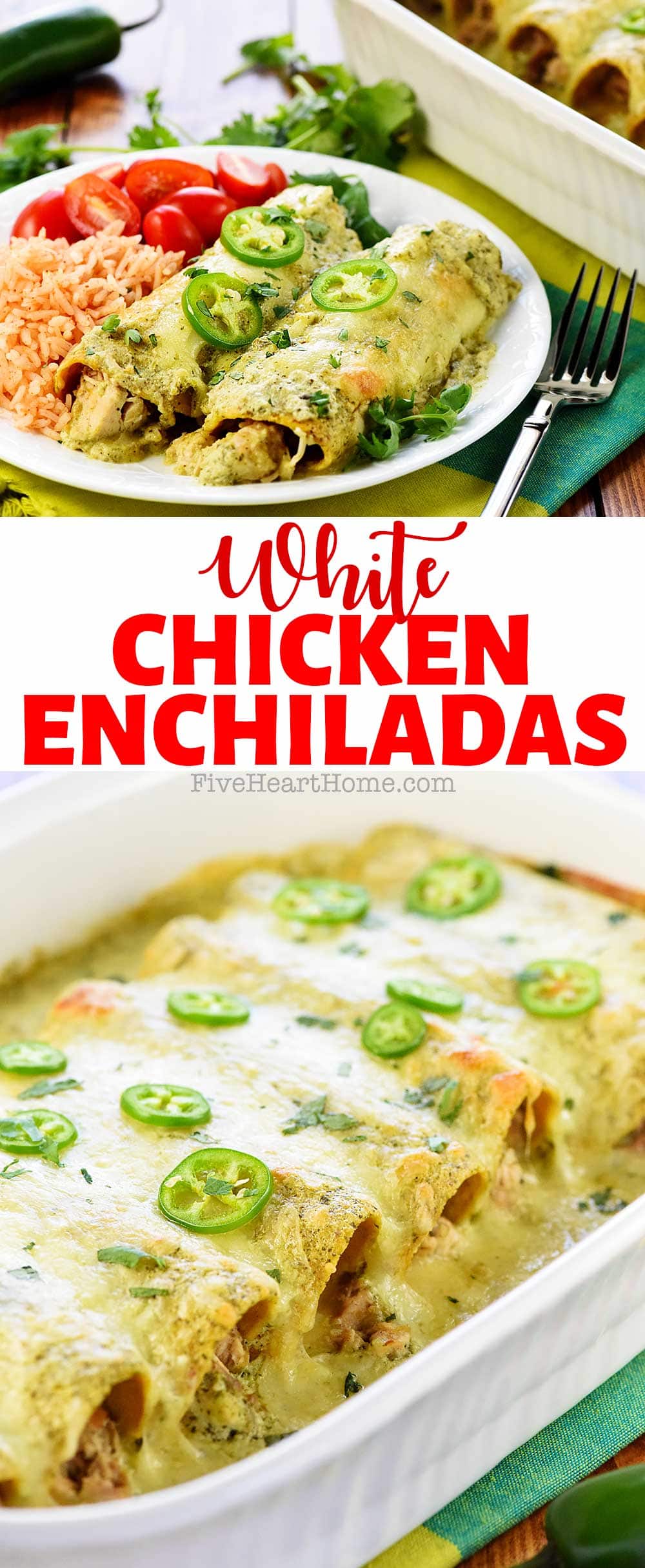 White Chicken Enchiladas ~ cheesy, flavorful, and smothered in homemade creamy jalapeño sauce (copycat of Chuy’s dip) for a dinner that’s sure to become a family favorite! | FiveHeartHome.com via @fivehearthome