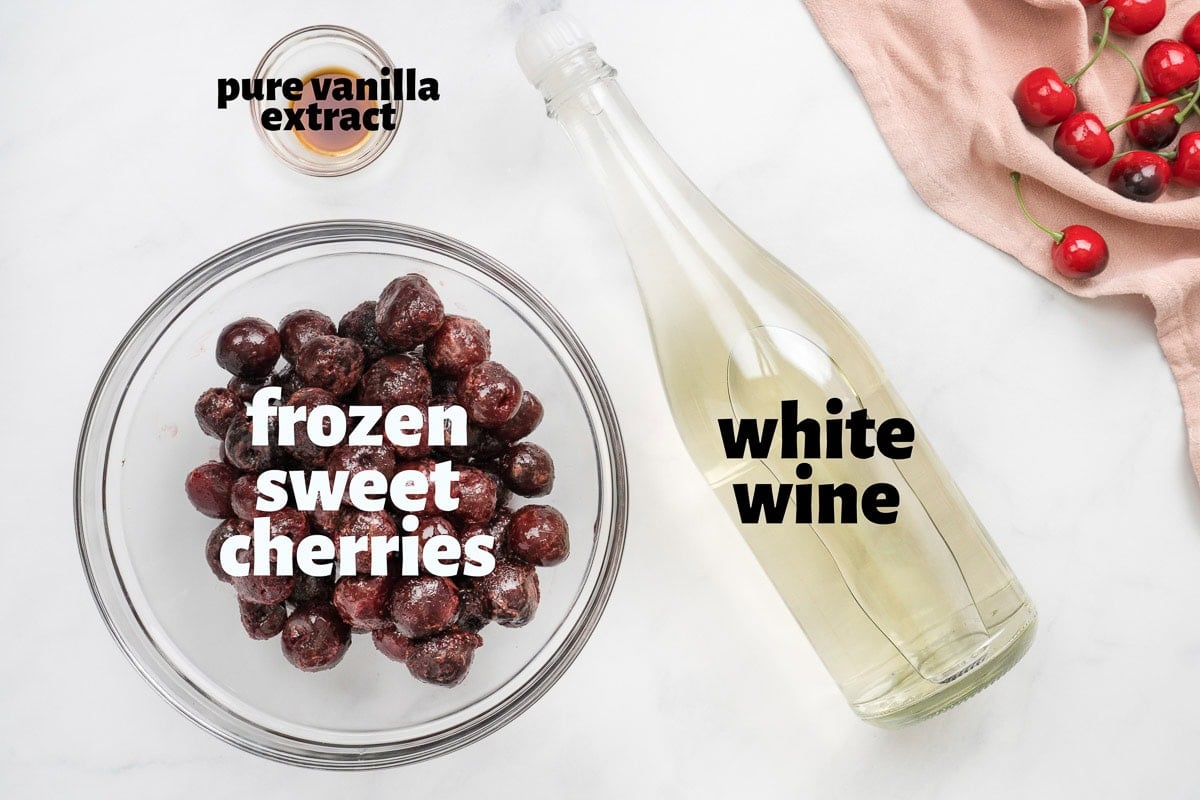 Labeled ingredients to make wine slushie recipe.
