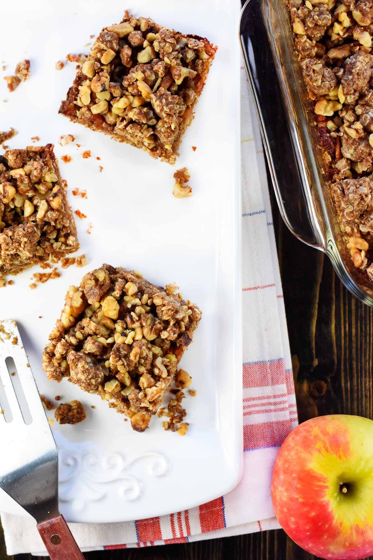 Apple Butter Bars aerial view on platter and in baking dish as a great option for recipes using apple butter.