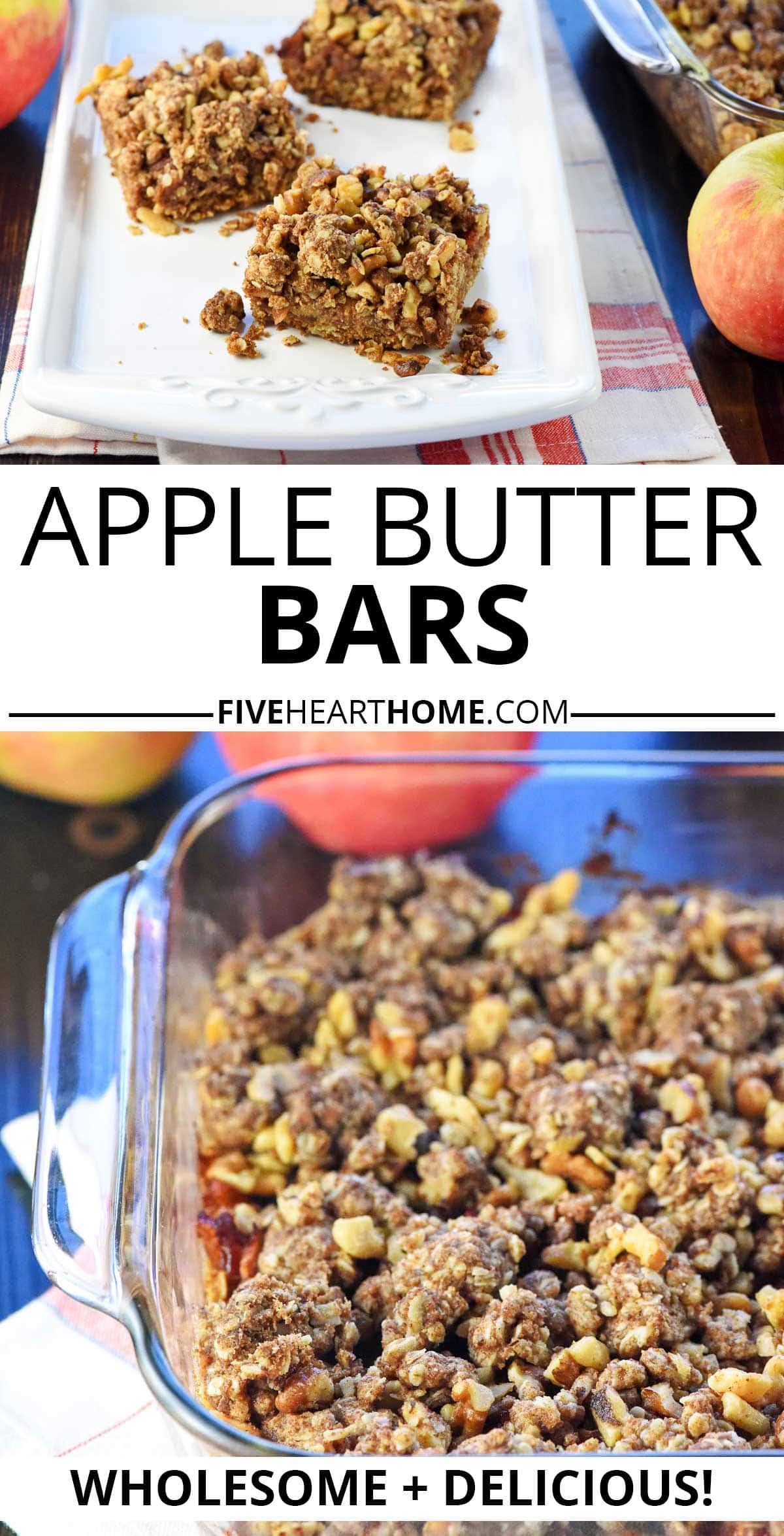 Healthy Apple Butter Bars ~these wholesome bars are loaded with oatmeal, chopped apples, apple butter, and nuts for a scrumptious breakfast or snack and one of the best recipes using apple butter! | FiveHeartHome.com via @fivehearthome