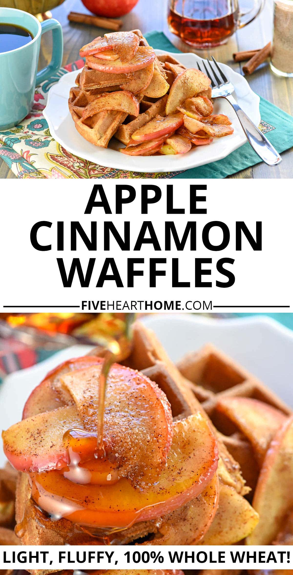 Apple Cinnamon Waffles ~ these 100% whole wheat waffles are crisp on the outside, fluffy on the inside, perfectly spiced, and bursting with chunks of sweet, tender apples...and they make your whole house smell heavenly as they bake! | FiveHeartHome.com via @fivehearthome