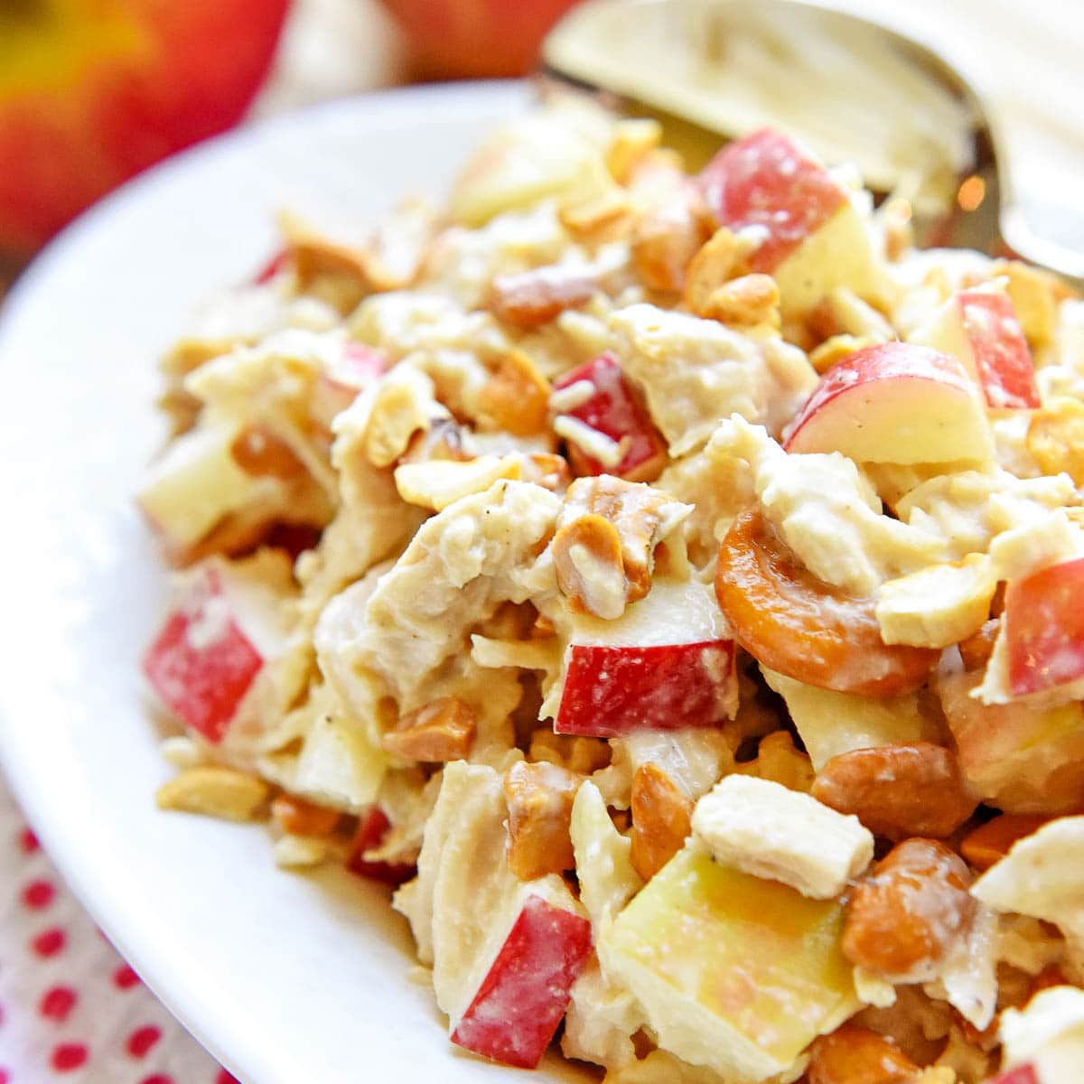 Chicken Salad with Apples close-up on plate with spoon.