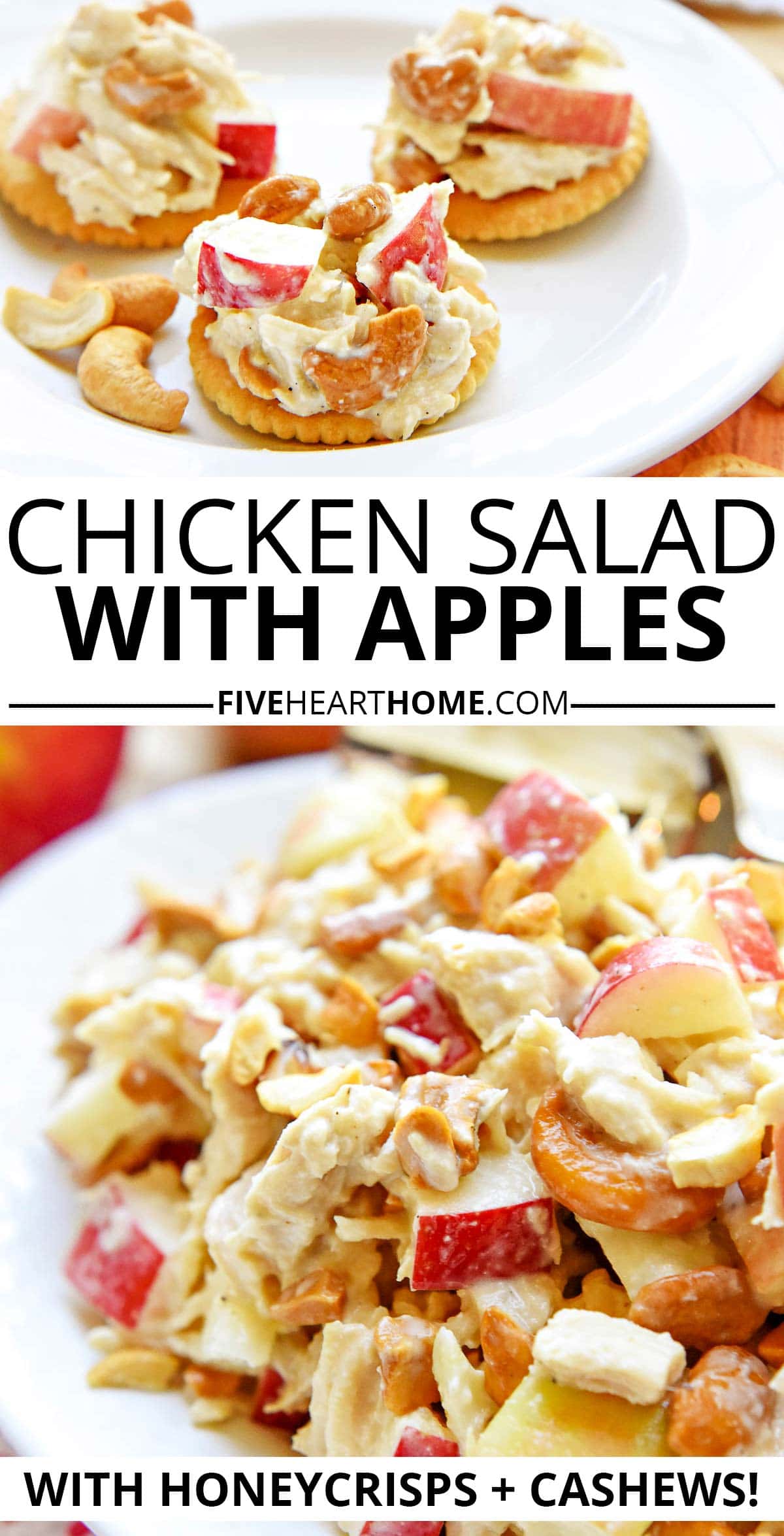 Chicken Salad with Apples ~ brimming with chopped Honeycrisp apples and your favorite nuts (cashews are delicious!), everyone will love this honey-kissed, autumn spin on the ever-popular Sonoma chicken salad! | FiveHeartHome.com via @fivehearthome