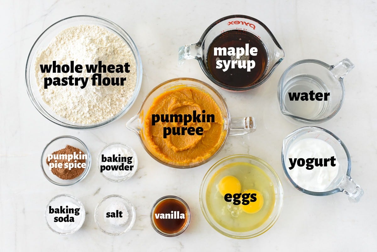 Labeled ingredients to make Healthy Pumpkin Muffins.