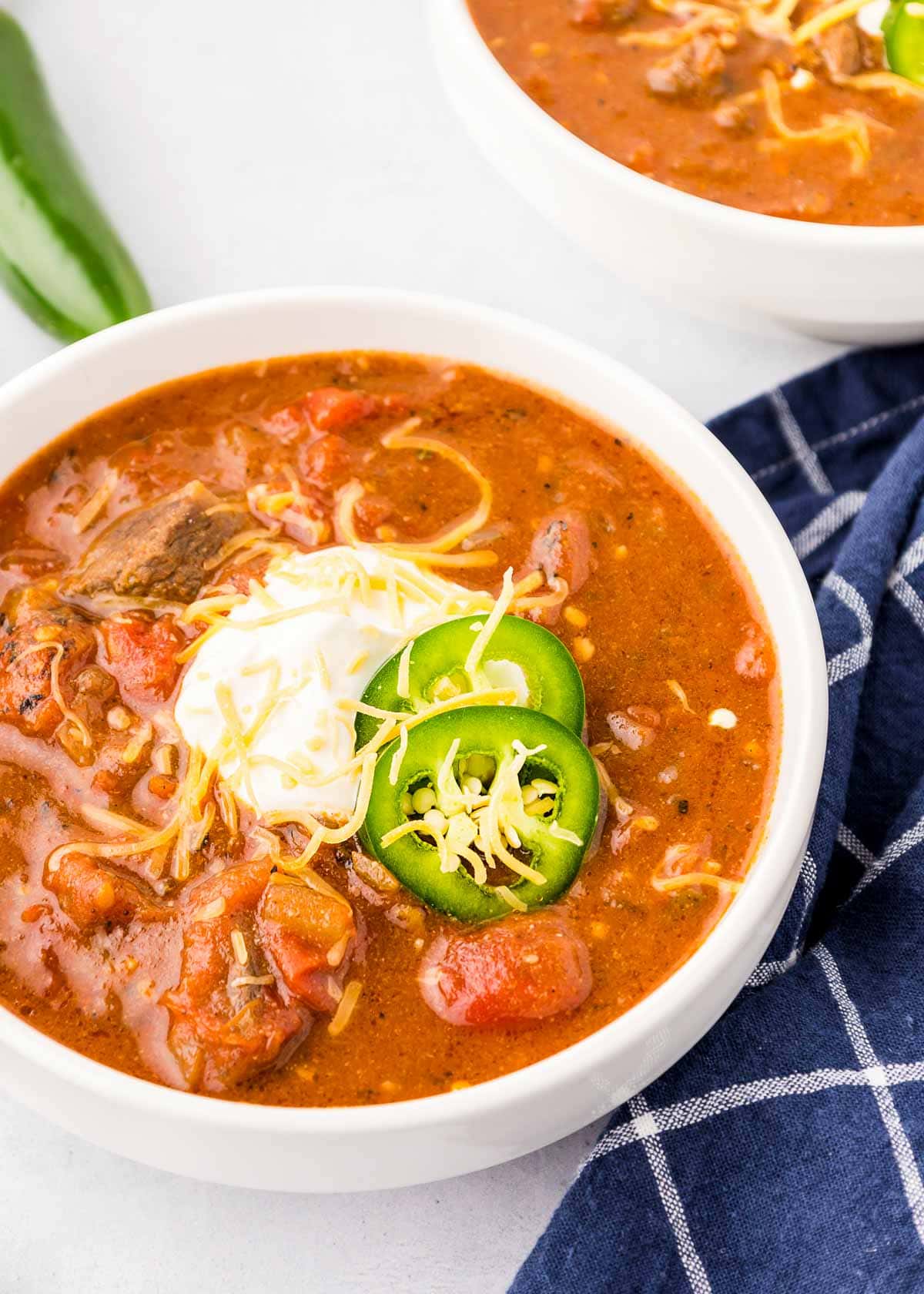 Texas red chili with chunks of beef.