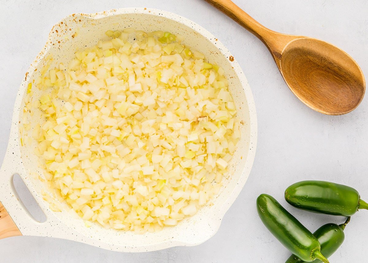 Sauteed onions in skillet for Texas Chili recipe.