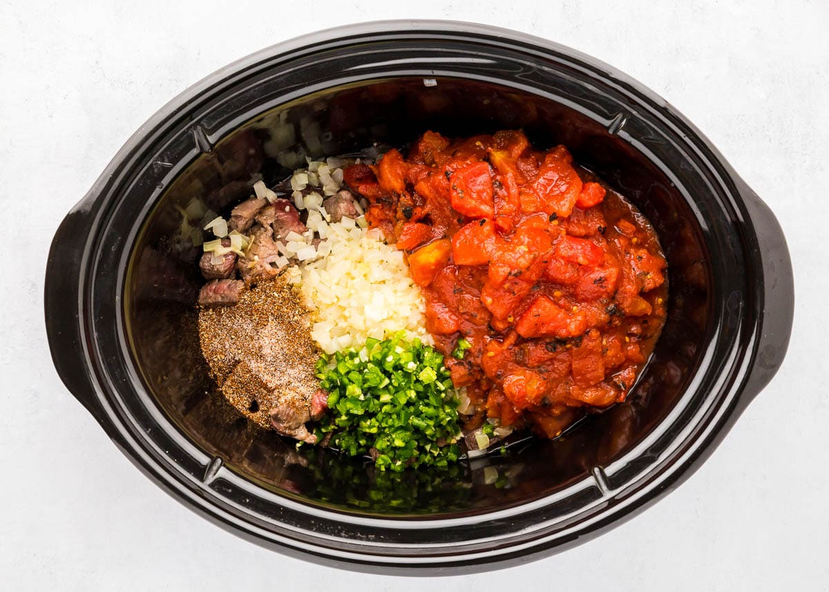 Texas Chili ingredients in slow cooker.