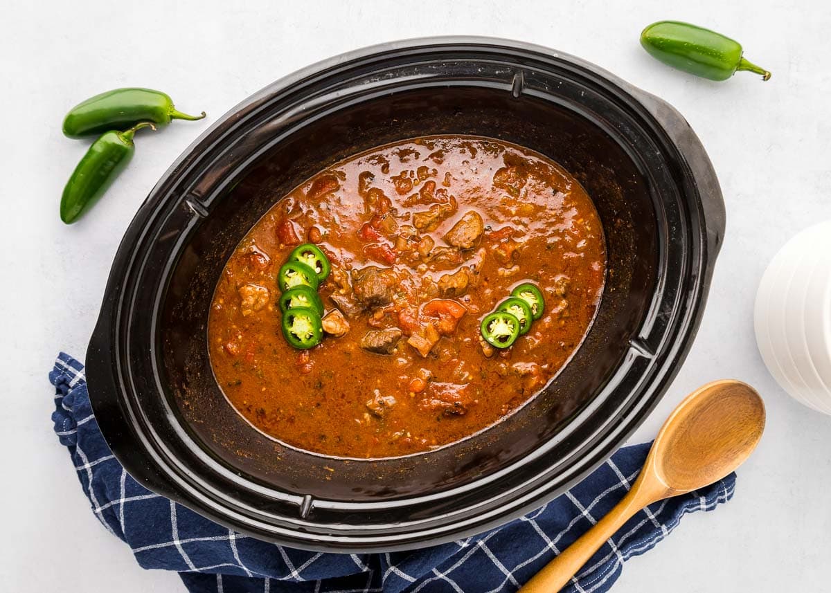 Aerial view of Texas Chili recipe in crock pot.