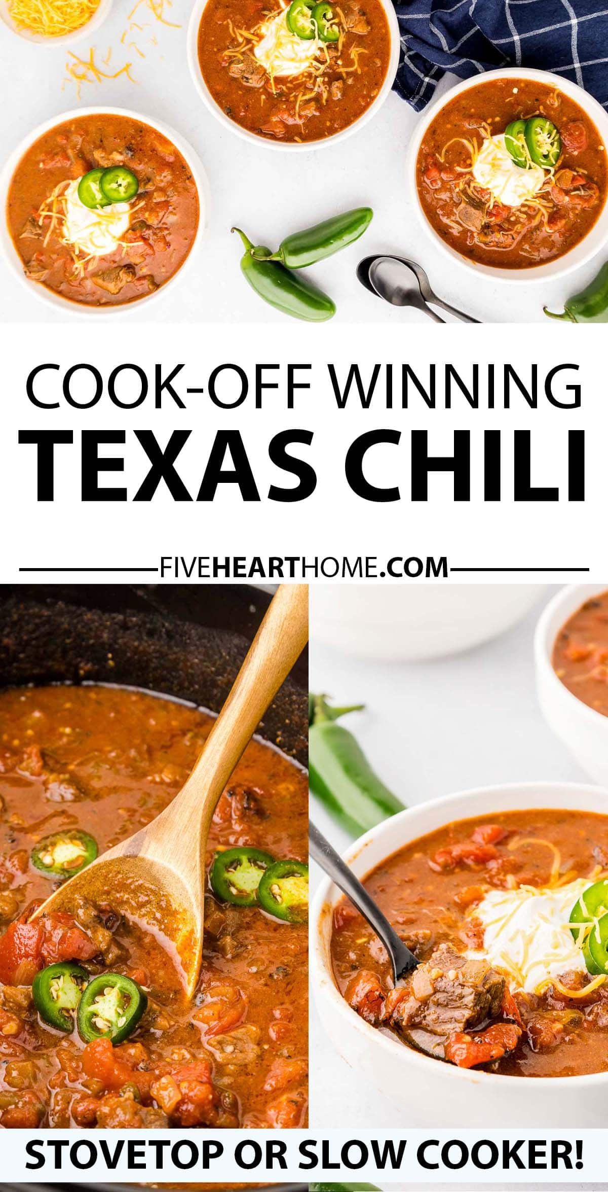 Texas Chili ~ my Daddy’s award-winning Texas chili recipe is loaded with chunks of savory beef and plenty of spicy flavor…and it’s equally easy to make on the stovetop or in the slow cooker! | FiveHeartHome.com via @fivehearthome