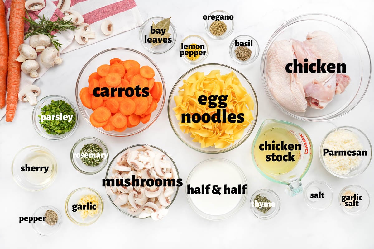 Labeled ingredients to make Chicken Noodle Soup Crock Pot.