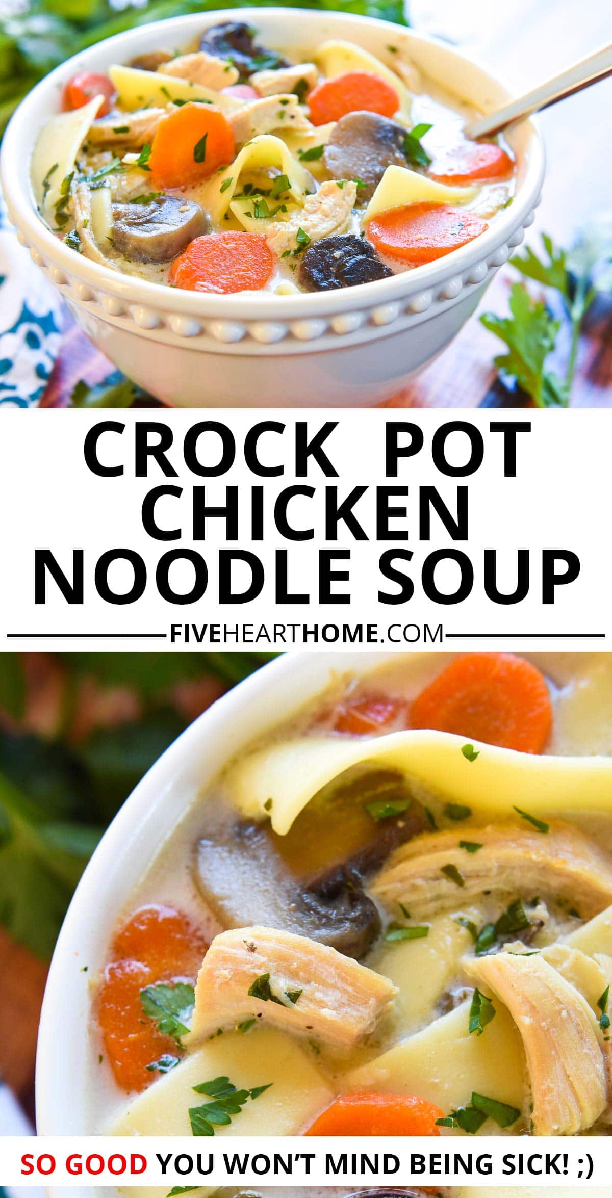 Crock Pot Chicken Noodle Soup ~ this slow cooker chicken soup is easy to make, wholesome, and extra flavorful thanks to a few special ingredients. It's the perfect get-well-soon recipe, but it's so delicious that you'll get requests for it even when nobody is sick! | FiveHeartHome.com via @fivehearthome