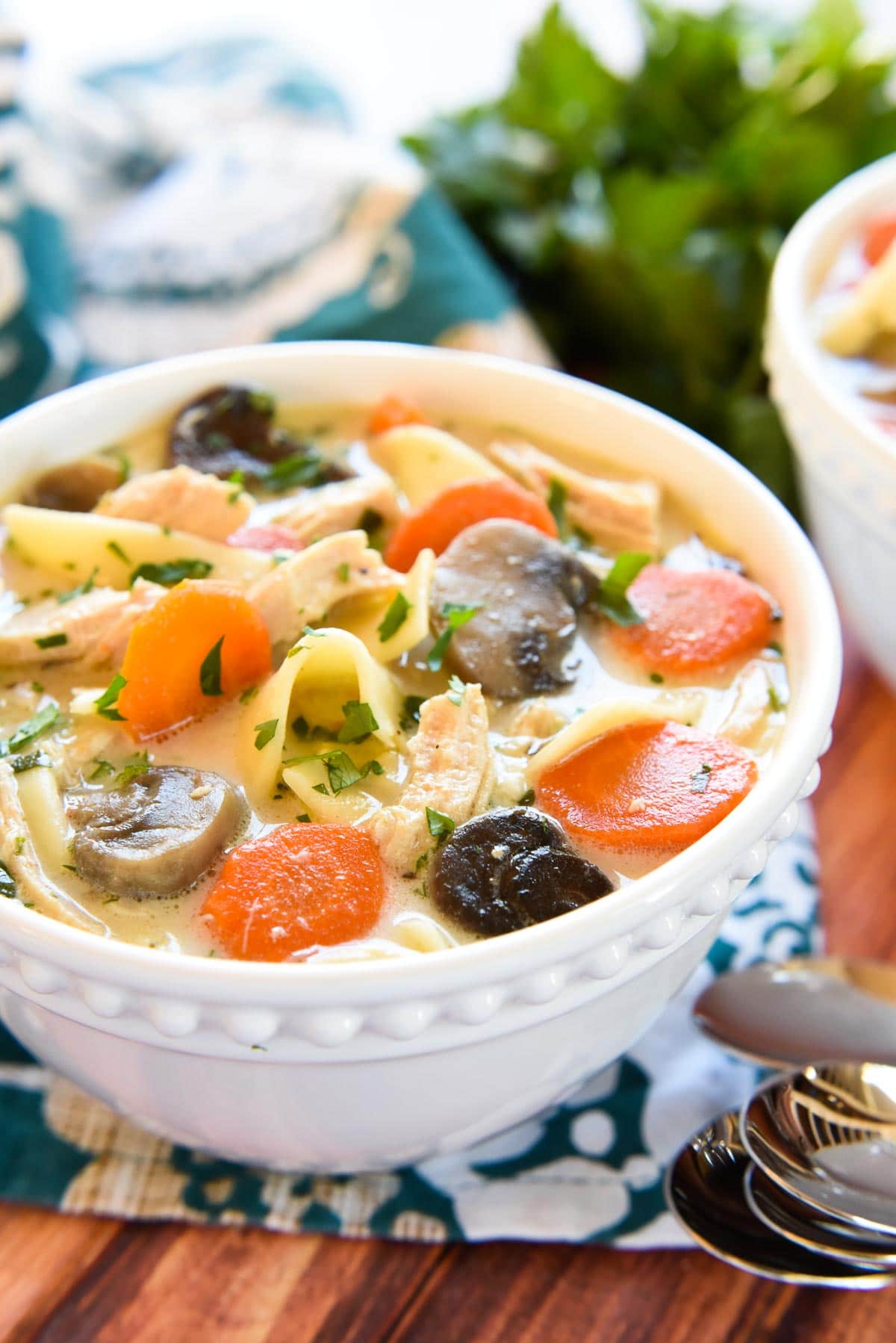 Crock Pot Chicken Noodle Soup in white bowl.