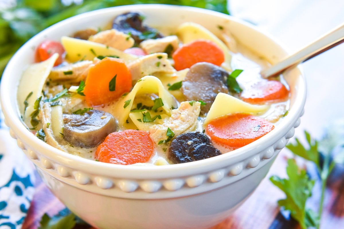 Crock Pot Chicken Noodle Soup in bowl with spoon and parsley.